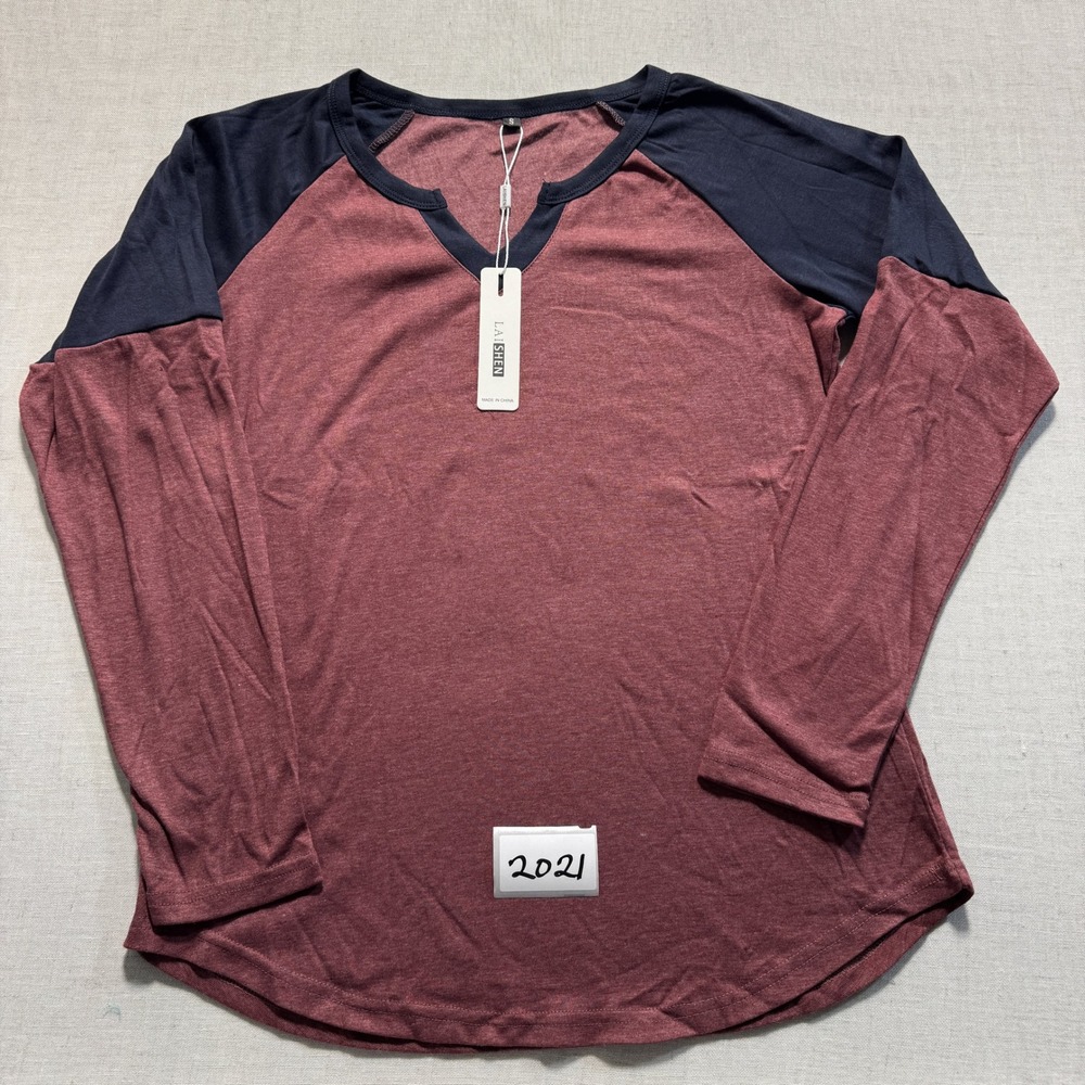 LAISHEN Raglan Long Sleeve Shirt Women Sz S Burgundy New With Tags